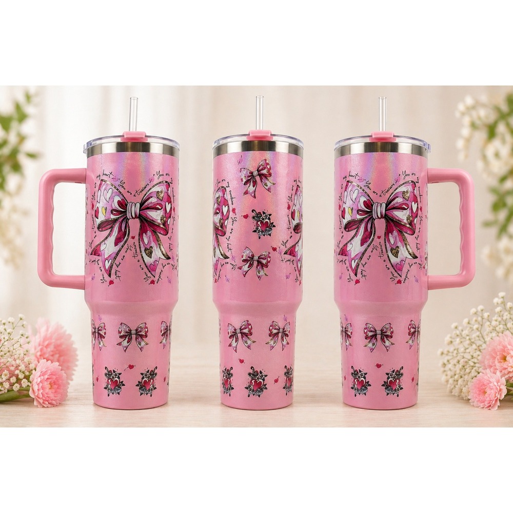 Pink Bow Tumbler‎ 40oz, Cute Girly Cup with Handle, Coquette Style